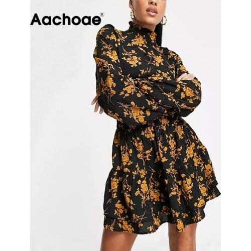 Aachoae New Arrivals Floral Print Dress Stand Neck Vintage Mini Dresses Butterfly Sleeve Casual Pleated Dress Vestidos Mujer