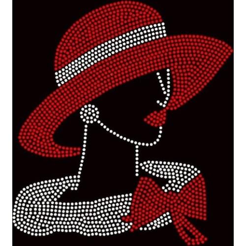 Free Shipping Red Hat Lady with Red Bow Rhinestone Transfer