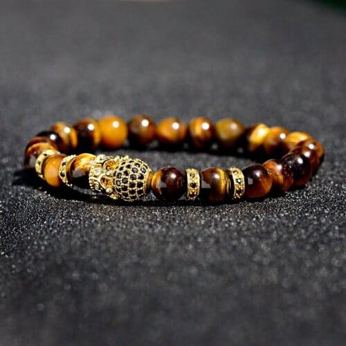 DOUVEI Trendy Mens Luxury Micro Pave CZ Crown&Ball Charm Bracelet Homme Natural Tiger Eye Stone Beads Elastic Bracelet AB730