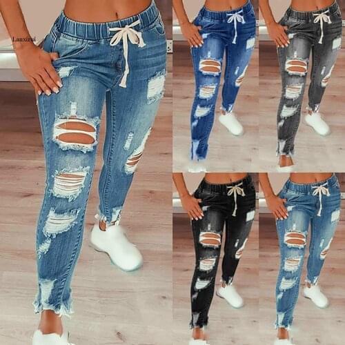 Womens Broken Holes Denim Jeans Drawstring Ripped Pencil Pants Plus Size Full Length Pencil Pants Vaqueros