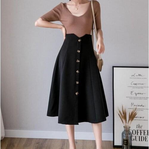 Summer Slim Solid Color Skirts Women Spring Button Midi Pleated Skirt Casual Sweet Ruffles High Waist Skirts
