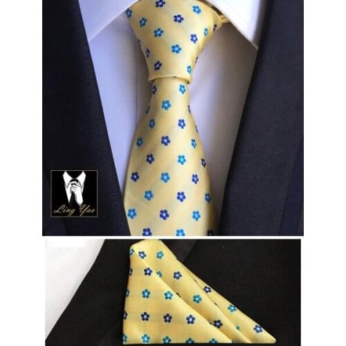 8cm Men Luxury Formal Neck Ties Set with Handkerchief High Quality Handmade Tie Sets Yellow with Blue Beautiful Floral