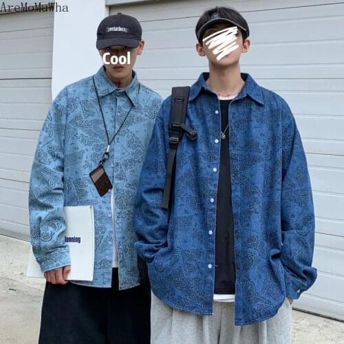 2020 Autumn Shirt Mens Loose Fashion Brand Printed Long-Sleeve Blouse Korean-Style Retro Fashion All-match Casual Shirt QX1473