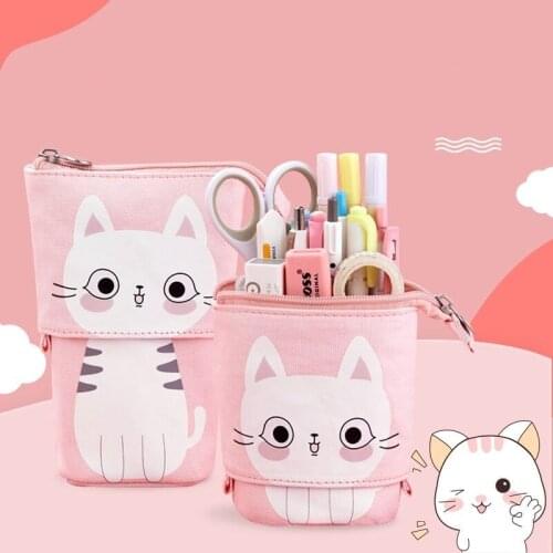 Pencil Pouch Bag Cute Stationery Canvas Cat Telescopic Cartoon Pen Case Box with Zipper Closure Pencil Case Cartoon Cat Bag