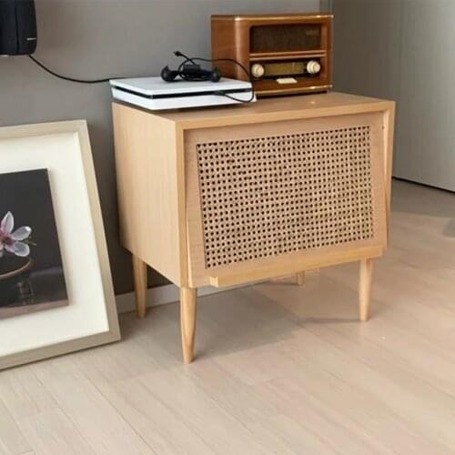 Solid wood rattan bedside cabinet modern minimalist log storage bedroom simple bedside storage bedside cabinet