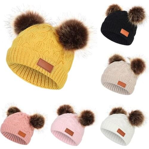 Crochet Baby Hat Autumn Winter Warm Kids Girl Boy Beanie Cap Solid Color Knitted Twist Double Pompom Children Toddler Bonnet Hat