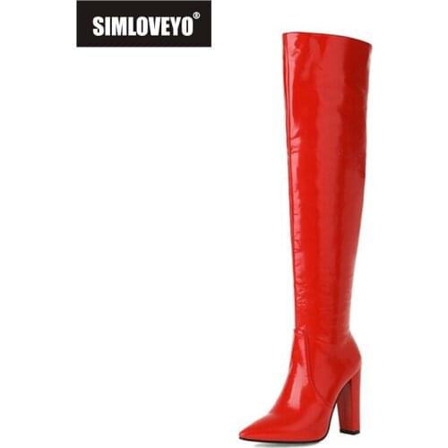 SIMLOVEYO 2021 Over The Knee Boots Sexy Candy Color Zip Pointed Toe Party Short Plush Block Heel Black Blue Green Yellow A4498