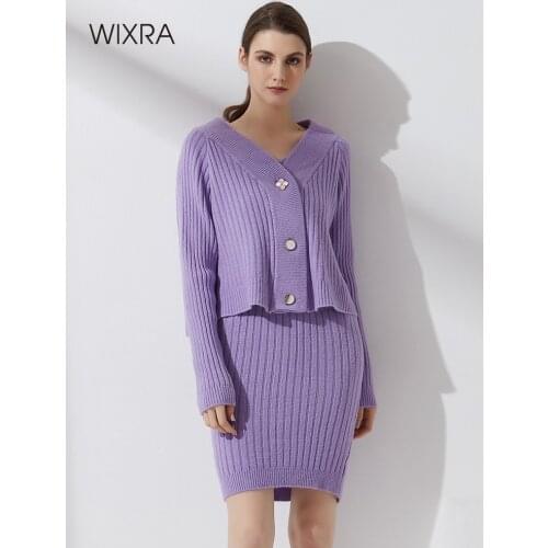 Wixra Women 2 Piece Set Knitted Design Button Cardigan+Stretchy Slim Dress Streetwear Elegant Sweater Suits Spring Autumn