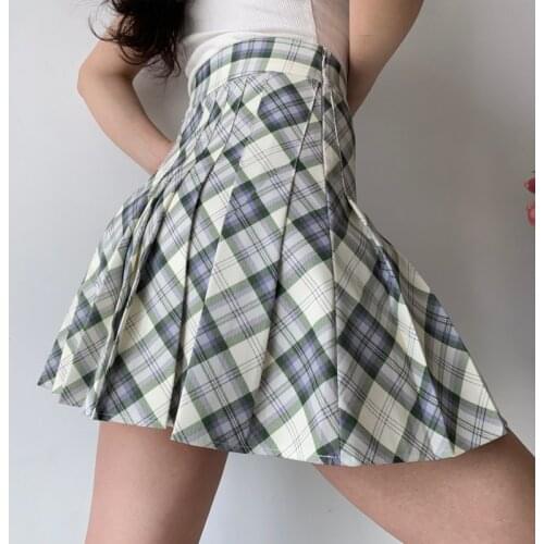 WOMENGAGA American Plaid Pleated Mini Skirt A-line Skirts Womens High Waist Sexy Korean Women Kawaii Loli JK Girl Female RO8B
