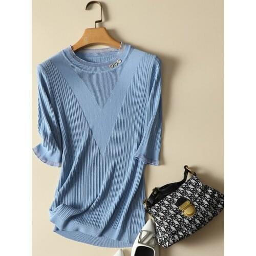 Short-Sleeved Ruffles Solid Knitted Women T-Shirts Summer New 2021 O-Neck Slim Elastic Office Lady Elegant Pulls Outwear Tops