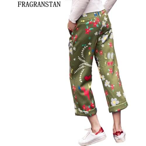 2018 Female Summer New Army Green Ankle-Length Pants Women Plus Size trousers High Waist Print Loose Casual Straight Pants LY419