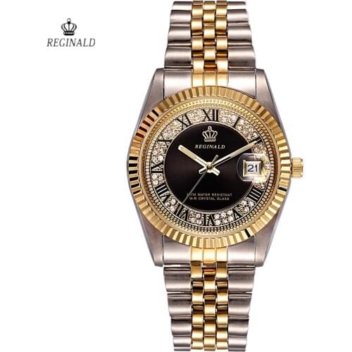 REGINALD Golden Lady Watch Date Crystal Styles Womens Dress Clock Water Proof