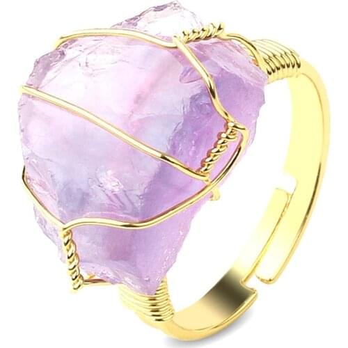 Natural Stone Irregular Wire Wrap Women Rings Healing Purple Crystal Fluorite Gold-color Resizable Fashion Finger Ring