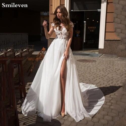 Smileven White Beach Wedding Dress 2021 A Line Boho Bride DressesHigh Side Split vestido de novia Cap Sleeves Wedding Gowns