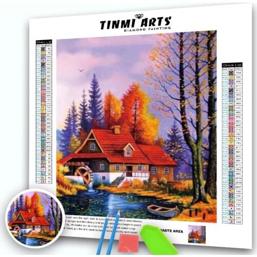 5D DIY Diamond Painting Landscape Full Round Drill Diamond Mosaic Scenery Resin Embroidery Autumn House Decor Home