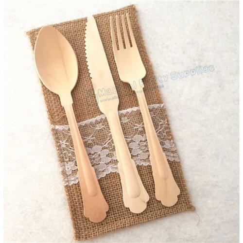 Free Ship 120pcs Disposable Wooden Cutlery Eco Friendly Biodegradable Forks Spoons Knives Spades 20cm Disposable Wooden Utensils