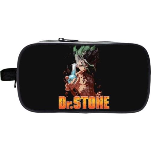 Dr Stone Pencil Case Large Capacity Pen Box Double Layer Zippers Makeup Storage Bag Office Student Organizer Stationery Bag