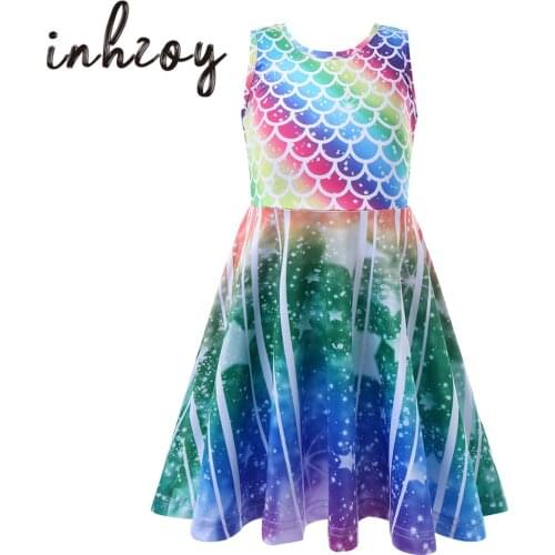 Kids Girls Mermaid Costume Sleeveless Fish Scales Printed A-line Dress Children Princess Halloween Cosplay Birthday Party Dress