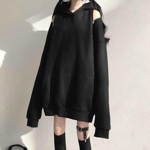 Girl Long Pullover Trend Hollow Zipper Design Hoodie Women Autumn Oversize Loose Black Gothic Hoodies Hooded Sweatshirt