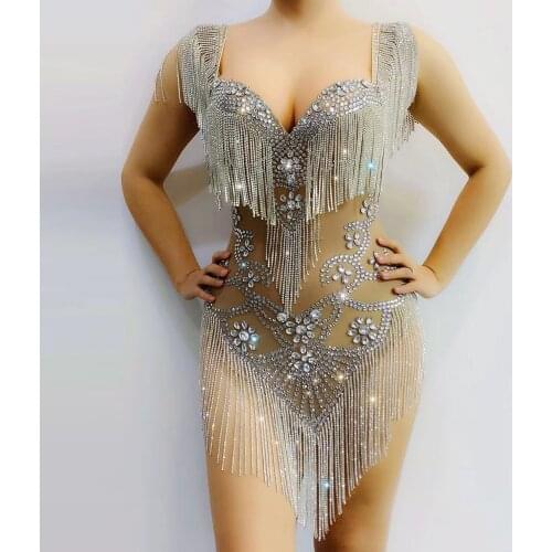 Sparkly rhinestone fringe transparent Sequined Rivet Sleeveless Sexy Bow Women cloth sexy V neck diamond bodysuit