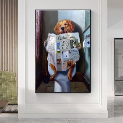 Funny Animal Smile Dog Read Newspaper Oil Painting on Canvas Wall Art Poster and Prints Picture for Bathroom Toilet Decoration