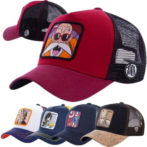 Hot Sale Unisex Cap Anime Patch Design Dragon Ball Z Trucker Hat Cartoons Mesh Baseball Cap For Men & Women Wine Red Kame Hat