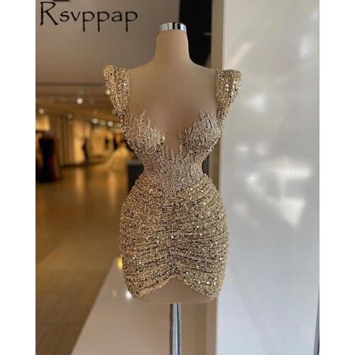 African Style Short Evening Dresses 2021 Sparkly Gold Sequin Beaded Sheer Top Sleeveless Mini Women Formal Gowns Party Dress