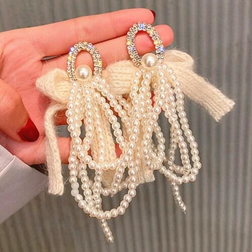 Trendy Big Exaggerated Pearls Tassel Drop Earrings for Women Hyperbole Woven Wool Bowknot Statement Dangle Earings Jewelry Gift