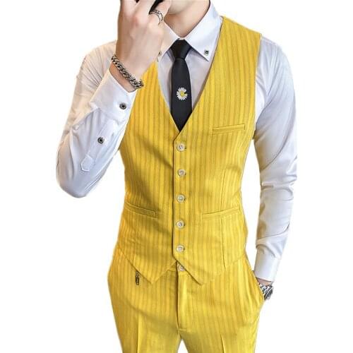 High quality mens suit pants and vest 2-piece set Spring and autumn men striped trousers and vests yellow pink beige S-XXXL