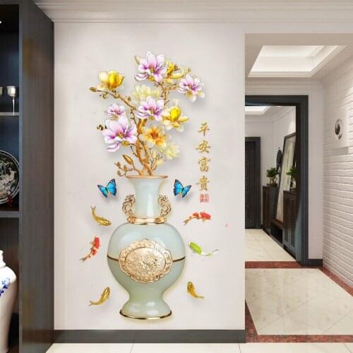 Peony Vase Wall Stickers Flowers for Living Room Bedroom Decal Creative 3D Murals Self Adhesive Wallpaper