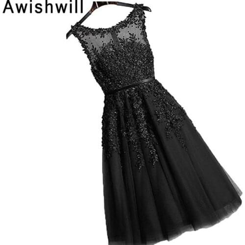 Custom-made Women Cheap Short Evening Dresses Appliques Beadings Tulle 2020 A-Line Sleeveless Elegant Formal Party Gowns