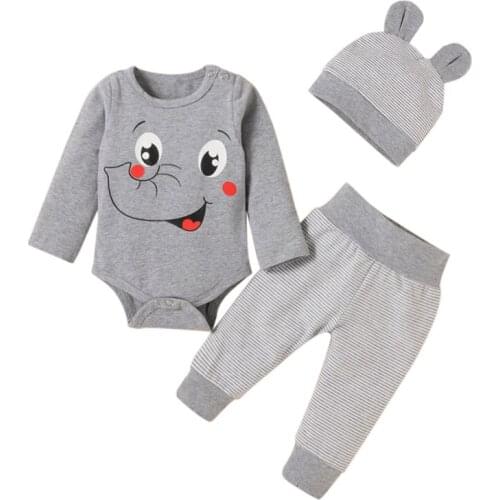 Autumn Newborn Cute Baby Boys Clothing Set Instagramable Cute Elephant Printing Rompers+ Trousers + Hat Three-piece 0-12M