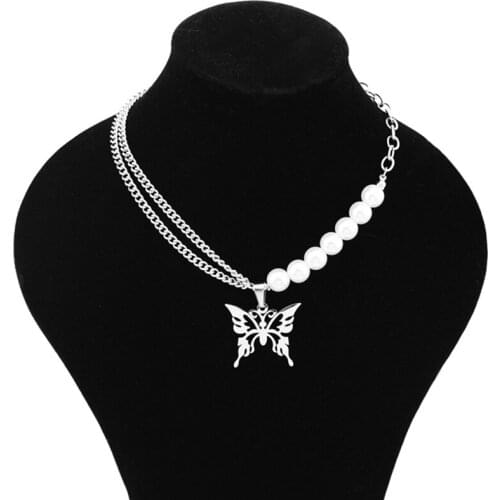 Punk Imitation Pearl Choker Necklace Collar Statement Butterfly Pendant Necklace For Women Jewelry