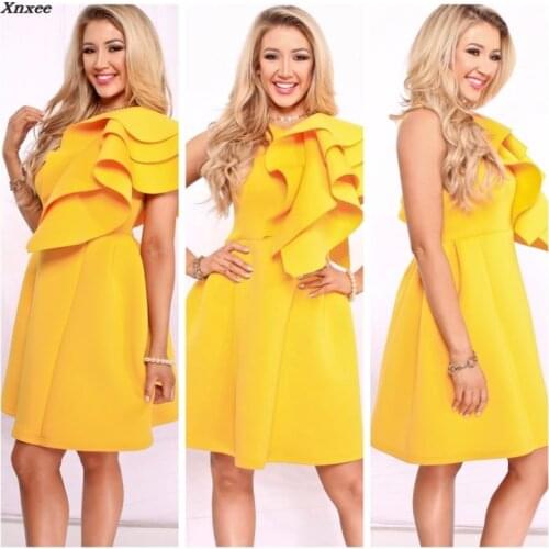 Yellow Cascading Ruffle Details Pleated Dress Women One Shoulder Sleeve Back Zipper Mini Party Dresses Vestido Verano 2XL Xnxee