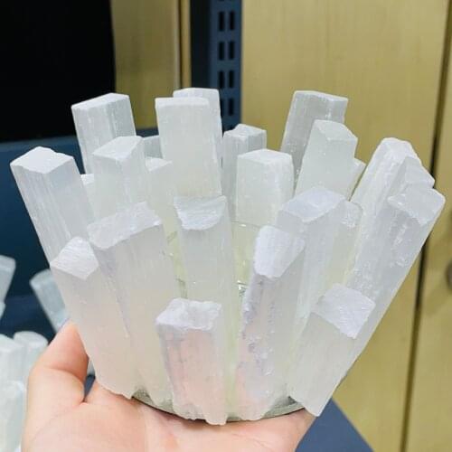 Natural White Selenite Candle Holder Crystal Ornaments Gypsum Rough Minerals Healing Stone