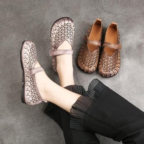 Tilocow Women Genuine Leather Mary Janes Ladies Retro Hollow-out Handmade Shoes Woman Flat With Comfortable Mothers' Footwear
