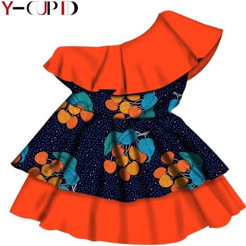Afrcian Clothes for Kids Bazin Riche Ankara Print One shoulder Ruffles Dresses Fashion Party Wear Children Outfits YS1845023