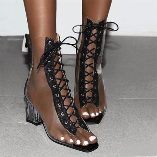 Clear Heels Ladies Sandals Block High Heels 2020 Women PVC Transparent Ankle Boots Open Toe Spring Summer Shoes Plus Size 43 44