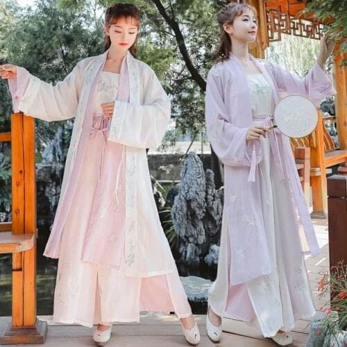Style everyday Han Dynasty female song Pants Set cardigan with suspender Chiffon wide leg skirt pants non Ancient Suit