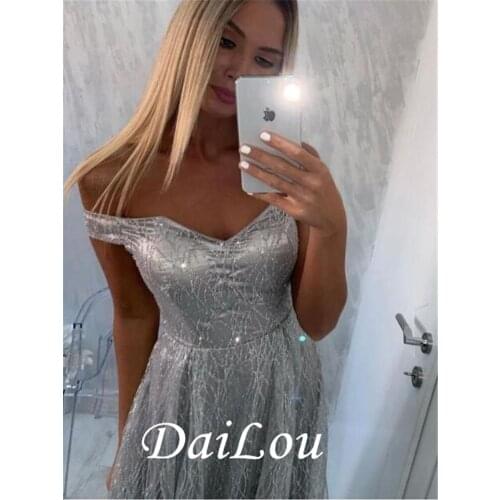 A-line Women Silver Sequins Floor-length Prom Dresses Off The Shoulder 2021