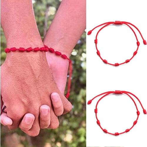 2Pcs Red Braided rope Couple Bracelets 7 Knots Good Luck Wealth Acacia beans Amulet Bracelet for Women Lover Rope Bracelets