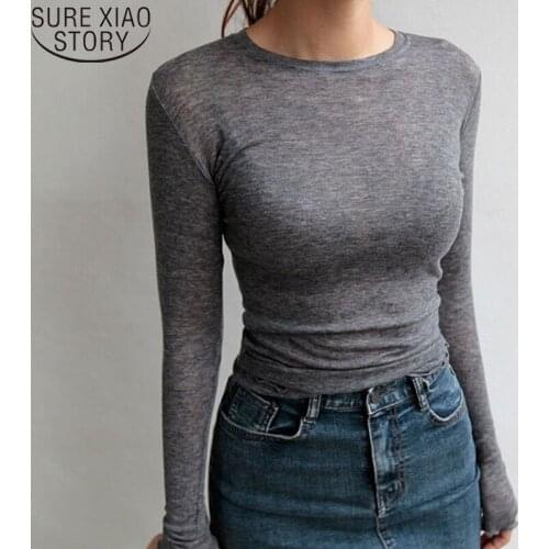 2021 Slim High Quality Plain T Shirt Women Long Sleeve Sexy Thin T-shirt Female Casual Tops Cotton Elastic Basic T-shirt 6006 50