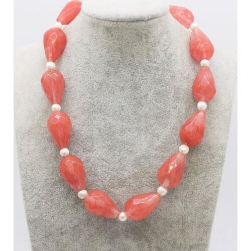Watermelon quartzs drop faceted red and white freshwater pearl necklace 21inch wholesale nature beads FPPJ