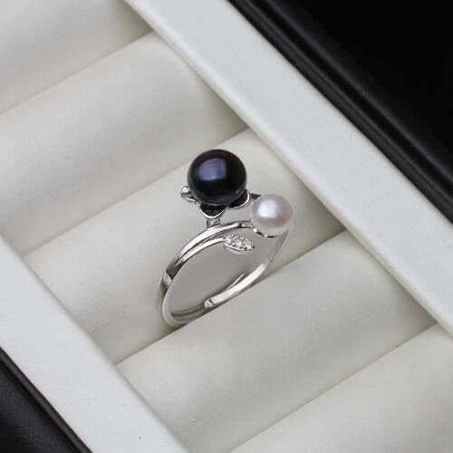 White Natural Freshwater Open Pearl Rings For Girls,Real Black Cultured 925 Silver Pearl Rings Engagement Gift