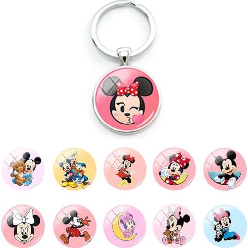 Disney Mickey Mouse Minnie Car Bag Keychains Keyrings Pendant Glass Cabochon Cartoon Creative Gifts Kids Keychains Unisex DSY141