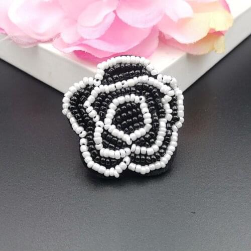 Black white camellia rose flower applique patch fashion handmade beaded cloth patch clothes cap DIY decorative patch applique