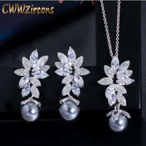 CWWZircons Chic Gorgeous Cubic Zirconia Flower Silver Color Fashion Gray Pearl Necklace Earrings Jewelry Sets for Women T346