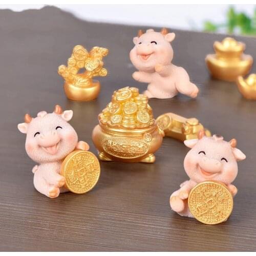 Home Decor Cattle Micro Landscape DIY Bonsai Ornaments Resin Crafts Gold Coin Treasure Pot Zodiac Decorations Animal Charm Lucky