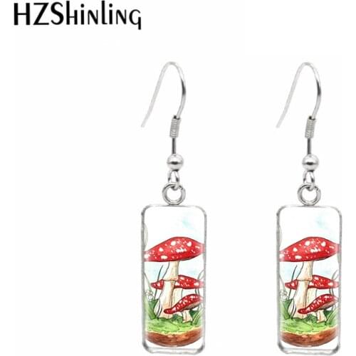 Red Mushroom Pattern Glass Cabochon Rectangle Hook Dangle Earrings Stainless Steel Ear Jewelry