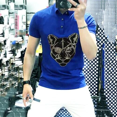 Summer Crystal Rhinestone Male Cartoon Pattern New Korean Slim Polo Hair Stylist Mens Lapel Short-Sleeved Personality Shirt